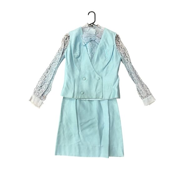 Vintage Jr. Theme Powder Blue Lace Sleeve Suit Bow Size 11 Retro Style Set - Picture 1 of 15